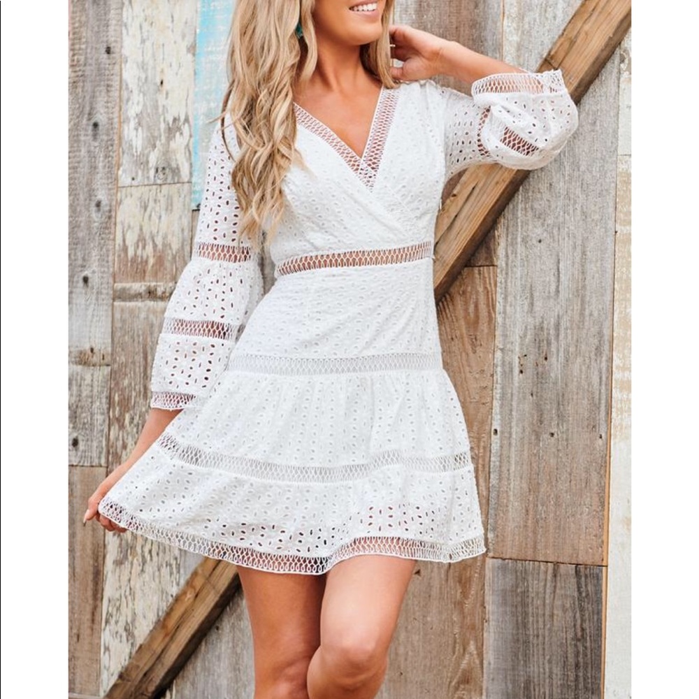White eyelet crochet long sleeve dress